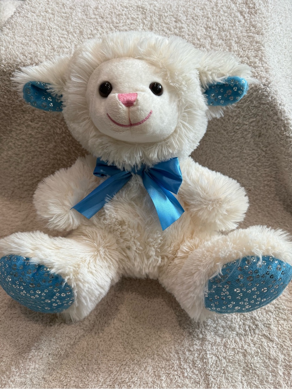 Cute White Lamb Plush Stuffed Animal Blue Bow Sparkly Feet